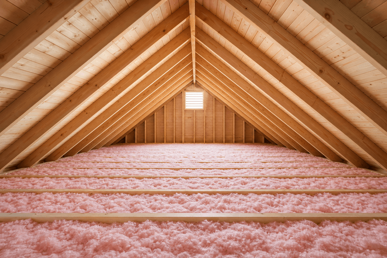 Clean, bright attic after mold remediation with fresh insulation