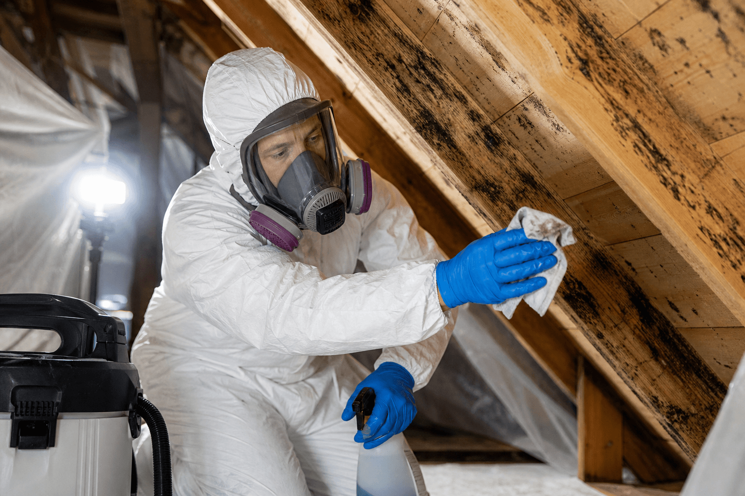 Technician in full-face respirator treating mold on wood framing