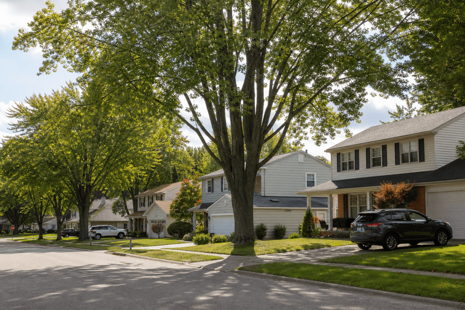 Quiet Midwestern street of single-family homes with mature trees and front lawns