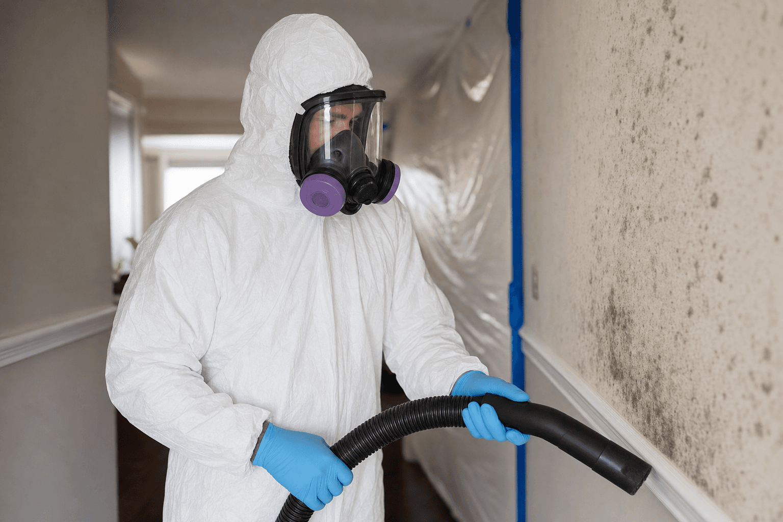 Remediation technician in white coveralls and full-face respirator